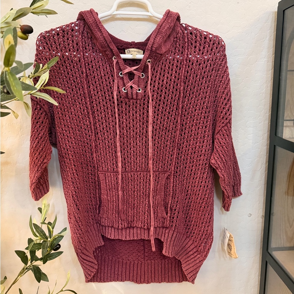 Democracy Burgundy Crochet V-Neck Hooded Sweater 100% Cotton